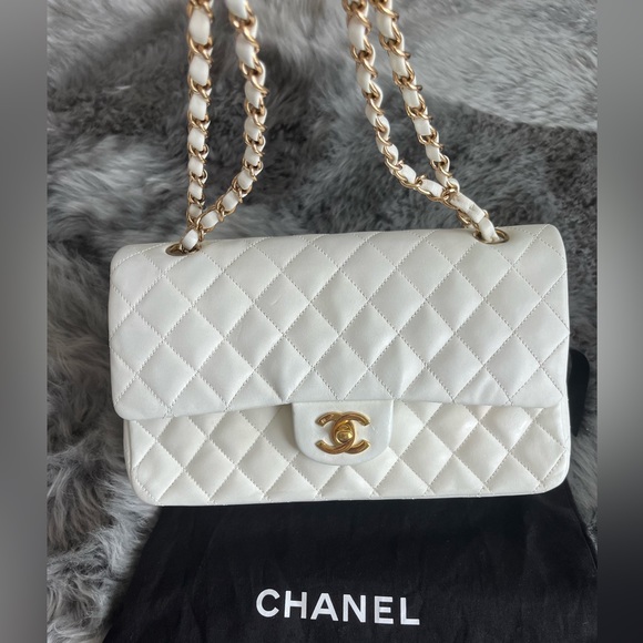 CHANEL Handbags - Chanel Classic Ivory White Quilted Lambskin Gold Hardware Medium Double Flap Bag